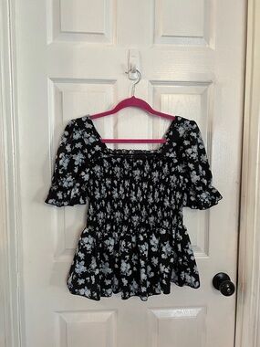 SHEIN Black Floral Smocked Peplum Blouse
